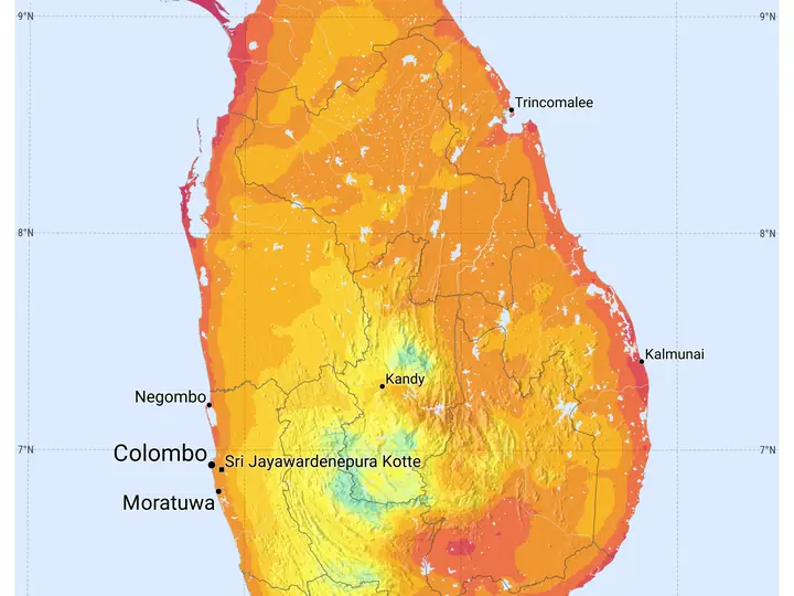 இலங்கை முழுவதும் சூரிய மின் உற்பத்தி வாய்ப்பு வரைபடம்